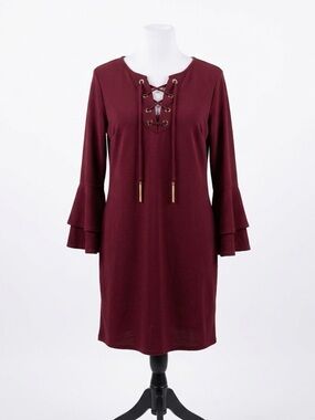 Mlle Gabrielle Lace-Up Bell Sleeve Dress - Burgundy